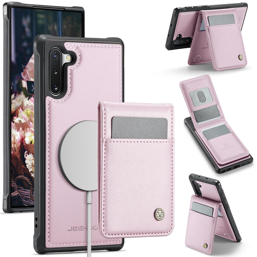For Samsung Galaxy Note 10 4G Leather Back Cover Compatible with MagSafe JEEHOOD J06 Phone Case with Card Bag RFID Blocking