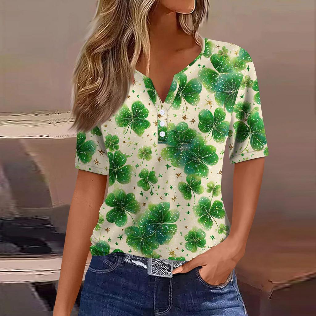Damen T-Shirt Tee Print Knopf Kurzarm Täglich Wochenende Mode Basic V-Ausschnitt Reguläres Oberteil St. Patrick's Day