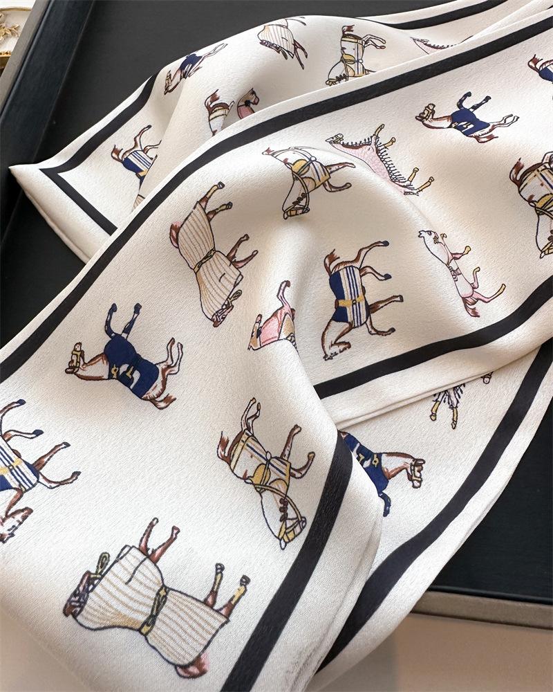 Écharpe Châle Satiné Imprimé Motif Cheval Mode Luxe Long Étroit Petites Écharpes Bandeau Foulard pour Dames
