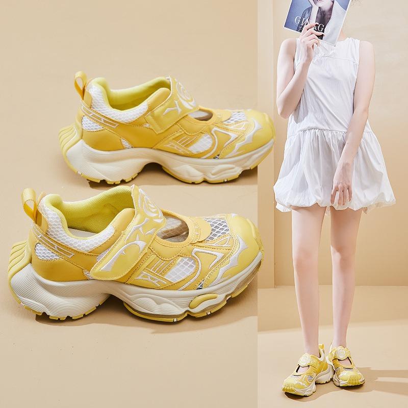 Yellow Daddy Shoes Women's Summer New Small Hollow Velcro Light Mouth Mary Jane Sneakers
