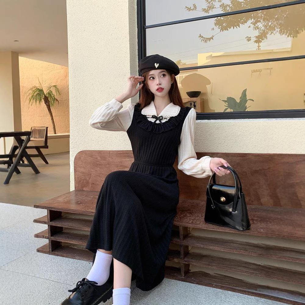 Autumn and winter new French splicing long-sleeved small black dress dress retro fake two-piece thin temperament skirt trendy