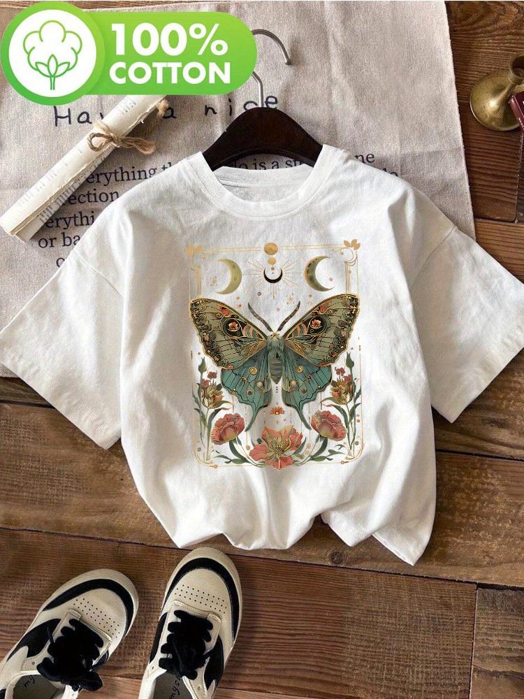 Ladies' Country Style Gothic Butterfly and Plant Print T-shirt Round Neck Short Sleeved Top Crescent and Floral Design Shirt