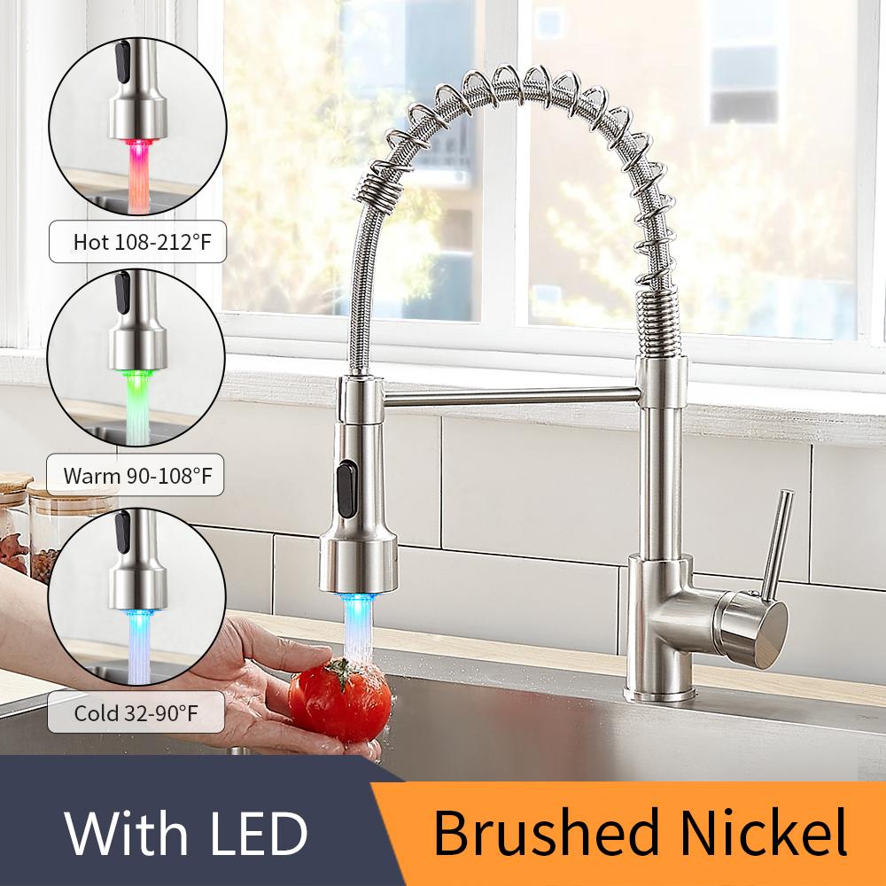 LED Light Kitchen Faucet with Pull Down Sprayer Sus304 Stainless Steel Industrial Single Handle Faucet  9005