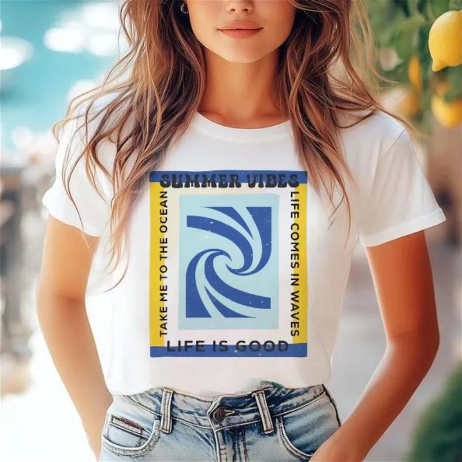 

Retro Aesthetic Watercolor Pattern Women s Travel Basic Versatile Clothing Casual O-Neck Fashionable Short Sleeved Top T-Shirt XXXXXL білий