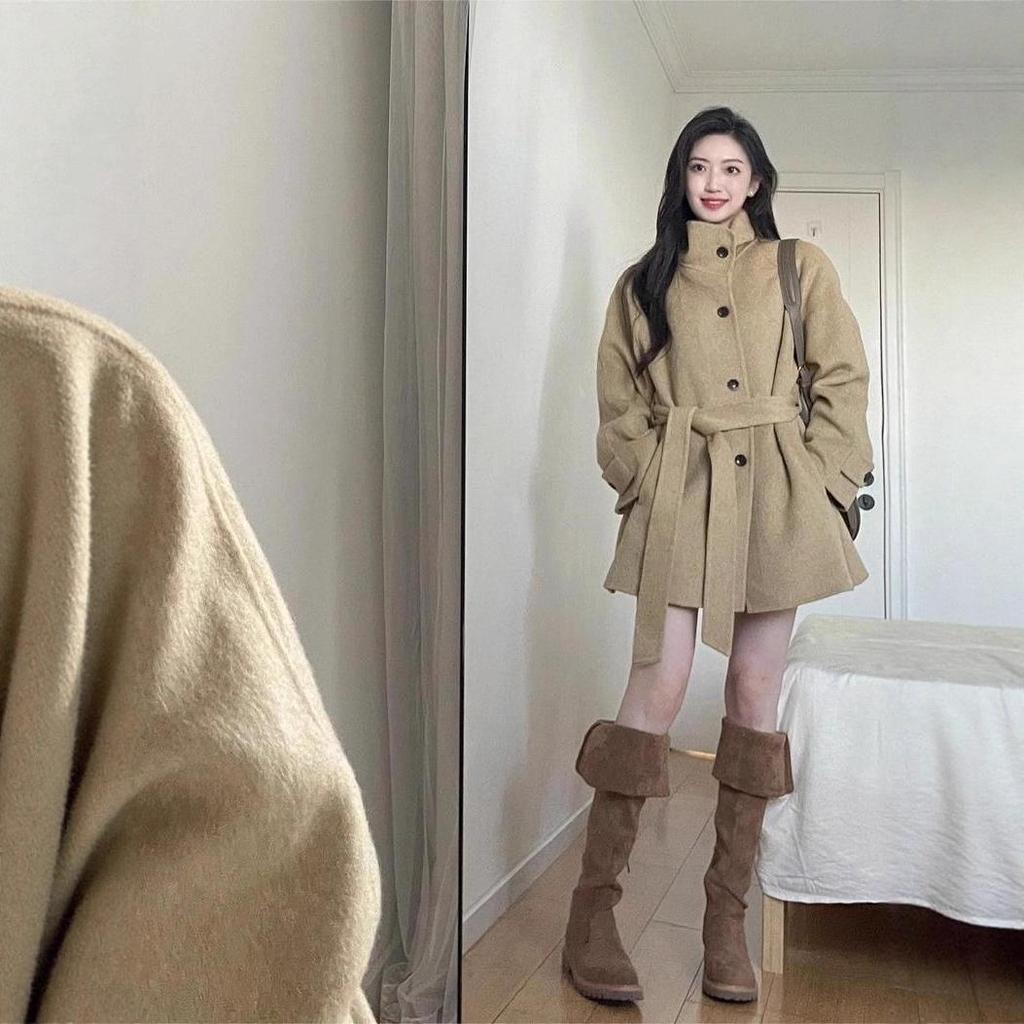 2025 Khaki Wool Coat: Petite Korean Style, High-End Autumn/Winter Fashion for Women