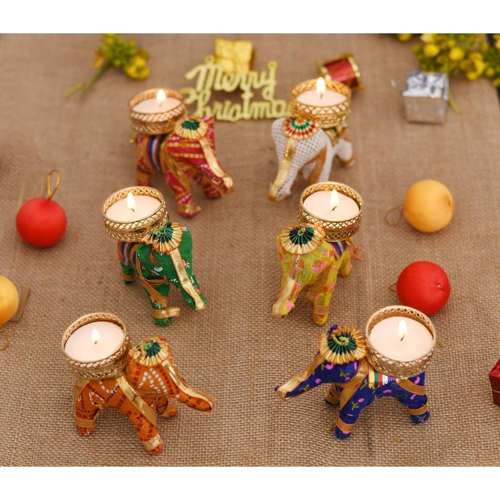 Tealight Candle Holders Set for Diwali Decoration Item for Home Décor Tea Light - Handmade Elephant Candle Stand Diwali Decorations - Set of 6