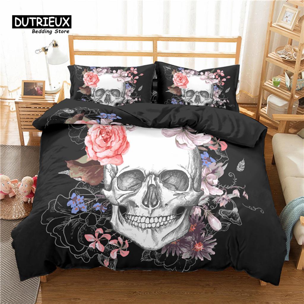 

Красная Роза Череп Цветочный Комплект Постельного Белья Скелет Цветы Зеленые Листья Принт Пододеяльник Тема Ужасов Покрывало С Наволочками EU single(135x200cm)