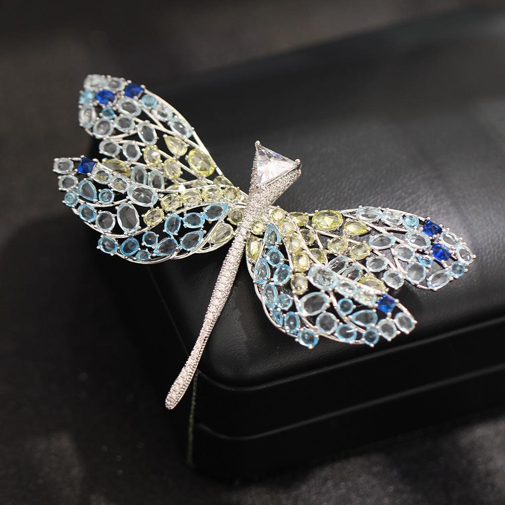 

Heavy Industry Light Luxury High-End Blue Zircon Dragonfly Brooch Atmospheric Exaggeration Luxury Animal Insect Pin Anti-Light Female