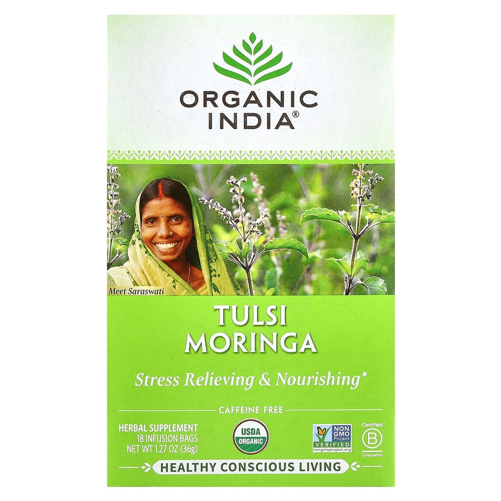 Organic India Tulsi Moringa Caffeine-Free Tea, 18 Tea Bags, 36g (1.27oz)