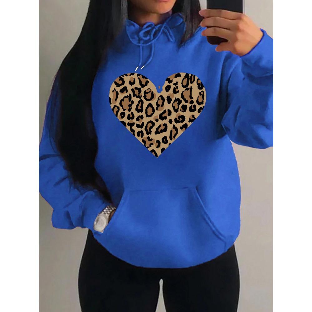 Simple Leopard Print Heart Design Hoody Women Oversize Fleece Hoodies Autumn Hip Hop Sportswear Fashion Clothing