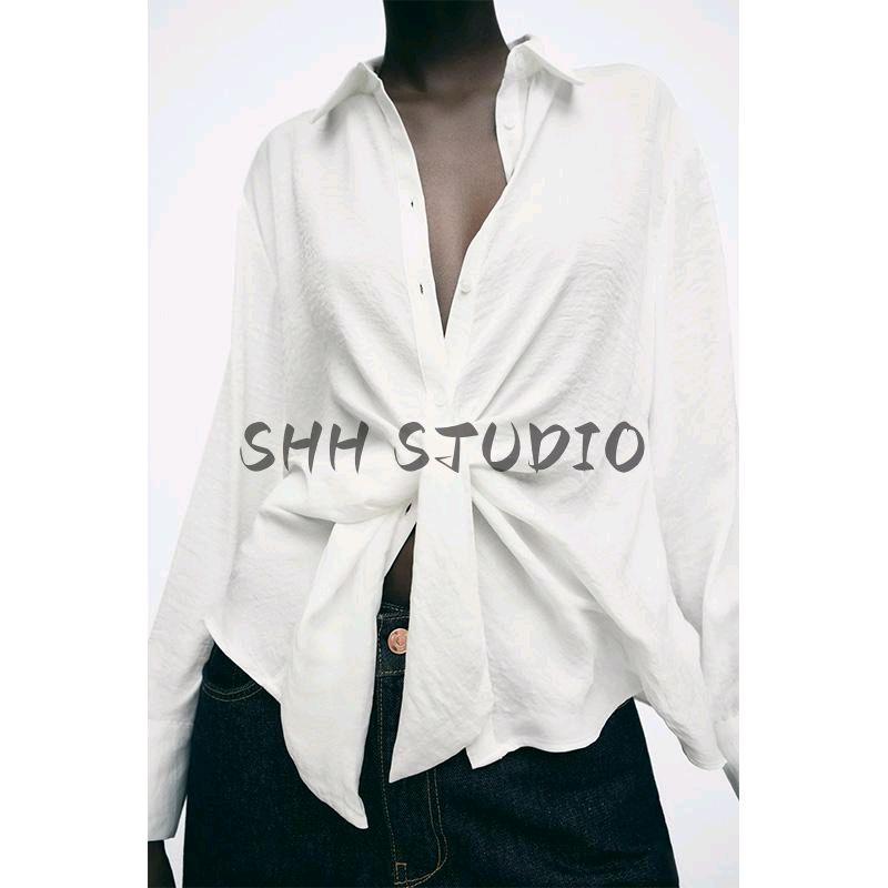 Spring New Women's Clothing Isn Style Bow Tie Drape Loose Long Sleeves Lapel Casual Shirt Tops 2298057