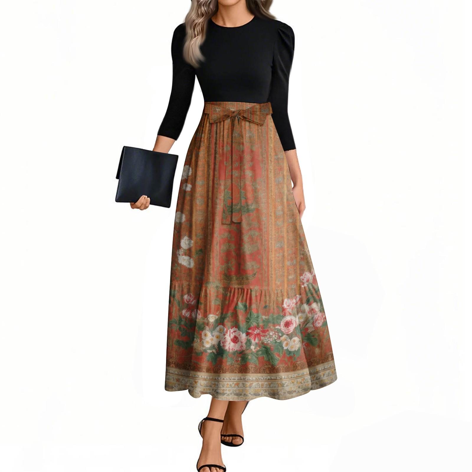 

Women s Fashion Casual Belted Three-quarter Sleeve Round Neck Floral Printed Elegant Temperament Dresses XXL