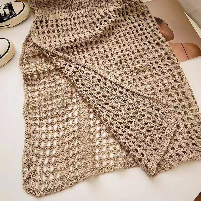 Summer Sleeveless O Neck Hollow Out Knitted Mesh Short Dress Women Fashion Loose Casual Holiday High Split Sexy Party Dresses Solid Thin Covers Up