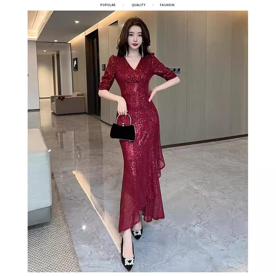 Schwarzes Abendkleid Damen High-End Light Luxury Nische Bankett Gastgeber Pailletten Fischschwanzkleid