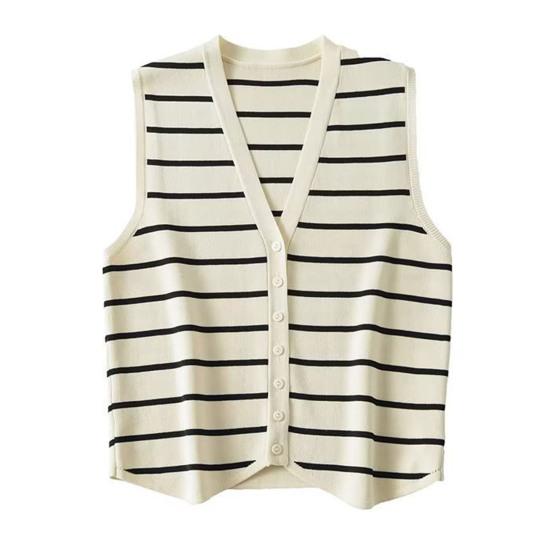 

Женский вязаный жилет с V-образным вырезом, без рукавов, однобортный, с полосатым принтом, трикотаж, не дающий складок, повседневная одежда S бежевый