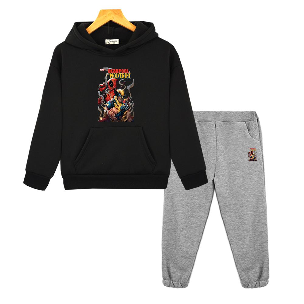 Herbst Winter Junge Mädchen Kapuzen-Sets Jacke 2 Teile Pullover+Hose Deadpool-Print Anime-Hoodie Fleece-Sweatshirt Kinder Boutique Kleidung