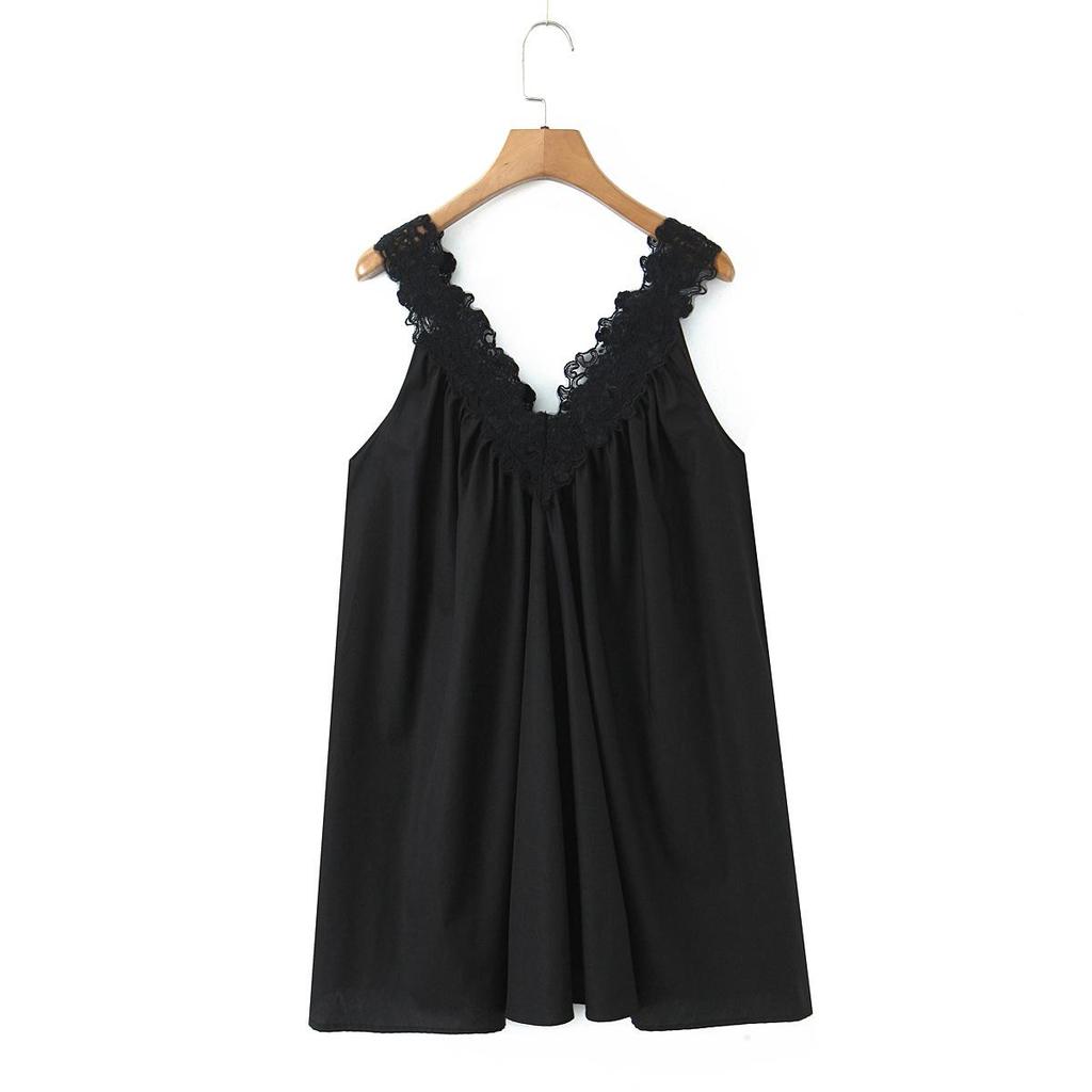 Spring 2026 Sleeveless Lace Patchwork Mini Dress - Retro V-Neck Dress