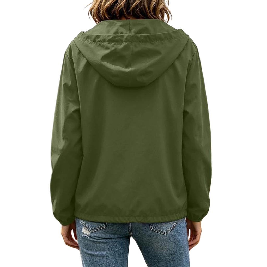Womens Waterproof Windproof Hooded Jacket Lightweight Zip Up Outdoor Raincoat with Adjustable Drawstring Hem and Elastic Cuffs