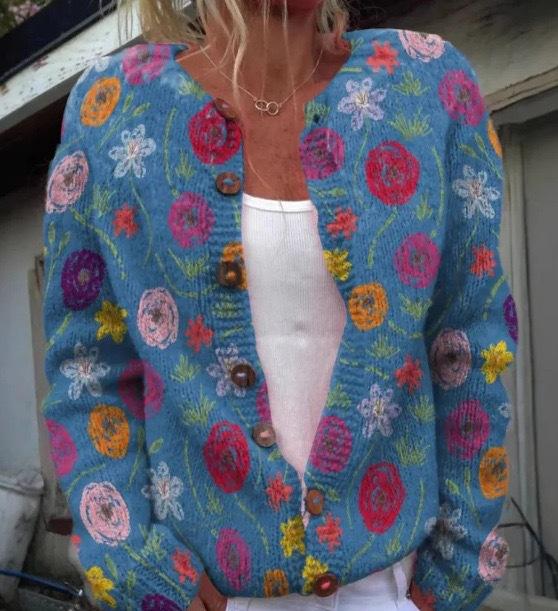 European Style 3 D Print Cardigan Knitted Jacket Spring and Fall Women 7 Sweater