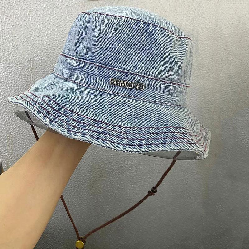 Denim Bucket Hat Women's Outdoor Camping Mountain Hat Versatile Fashion Metal Label Retro Washed Visor Men