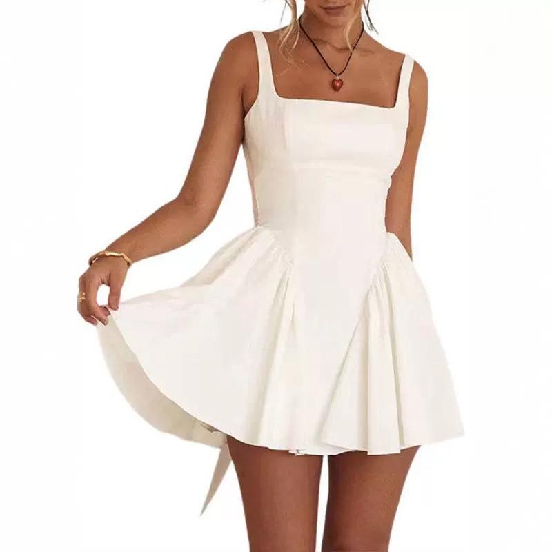 2024 Spring European & American Style Women's Solid Backless Lace-Up Bow Sling Dress
