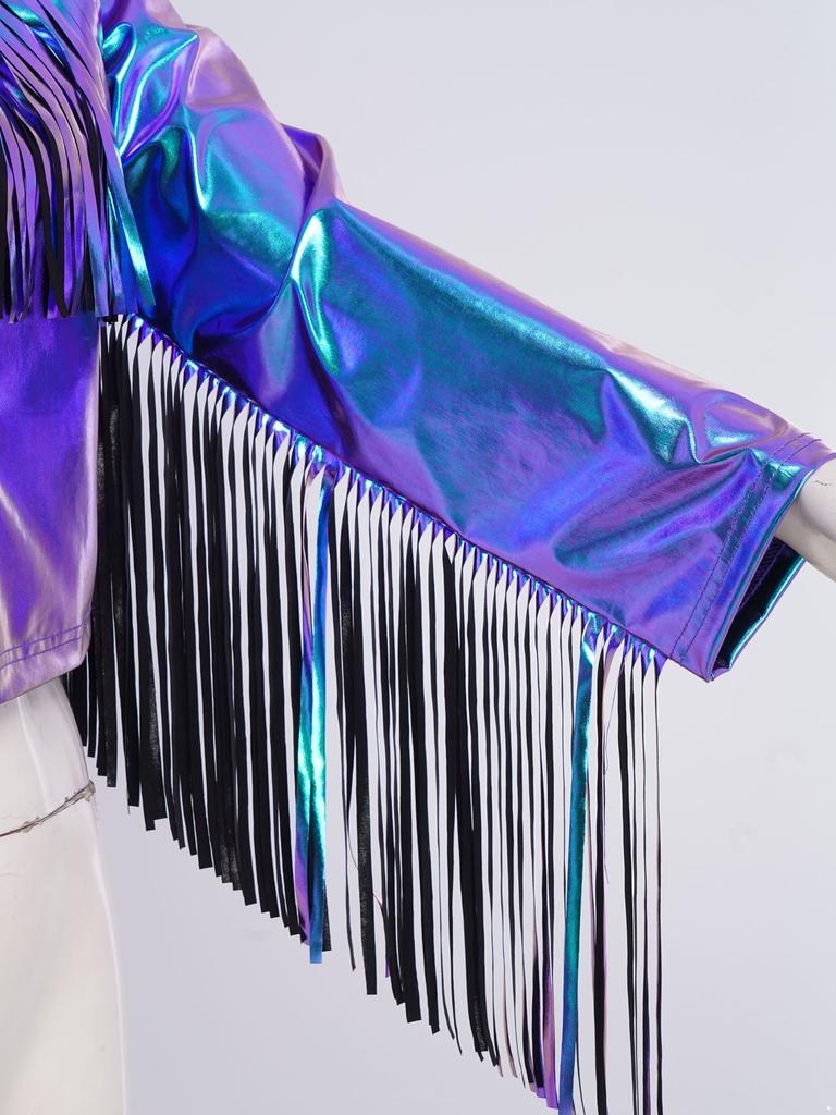 Women's Dance Birthday Party Jacket S-3XL: Tassels Metallic Glossy Turn-Down Collar Long Sleeve Zipper Fringe Shiny Design