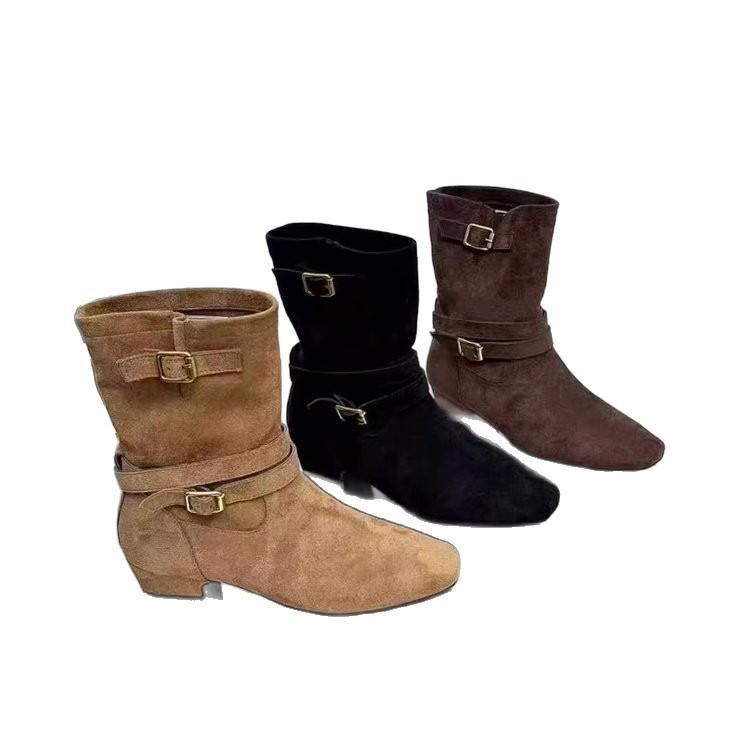 2025 Korean Version of the New Niche Design Retro French Boots Small Square Head Western Boots Thick Heel Martin Boots Women's Boots