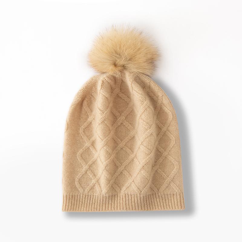 Women 100% Pure Cashmere Beanie Hat Pom Pom Detail Cable Knit Winter Warm Soft Slouchy Skullies Cap Cold Weather Accessory