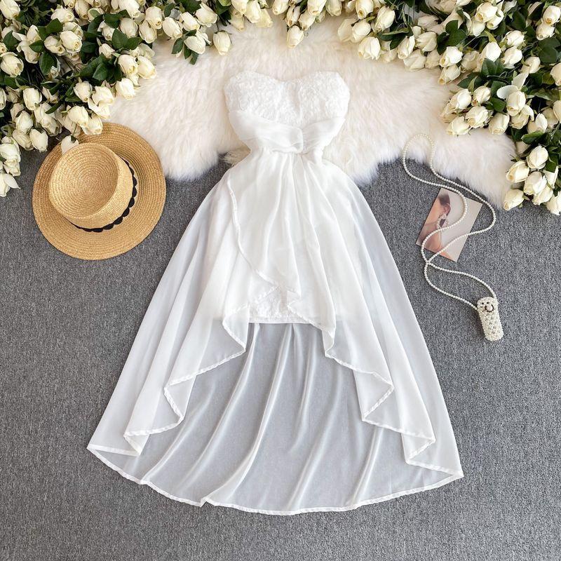 

Французская светская львица Изысканная утонченная грация Маленькое платье Нарядная вечеринка Собрание Маленькое платье Сетчатая строчка Платье-бандо White One size