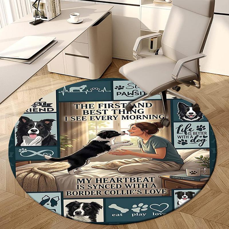 1PC Border Collie Love Non-Slip Floor Round carpet, Office, family, bedroom, Large Area Rug Indoor Rugs, Durable Polyester-L0384