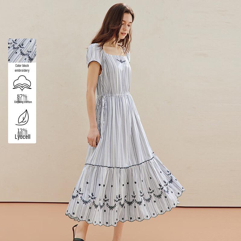 INMAN Lyocell Cotton Striped Embroidered Square Neck Belted Midi Dress XL