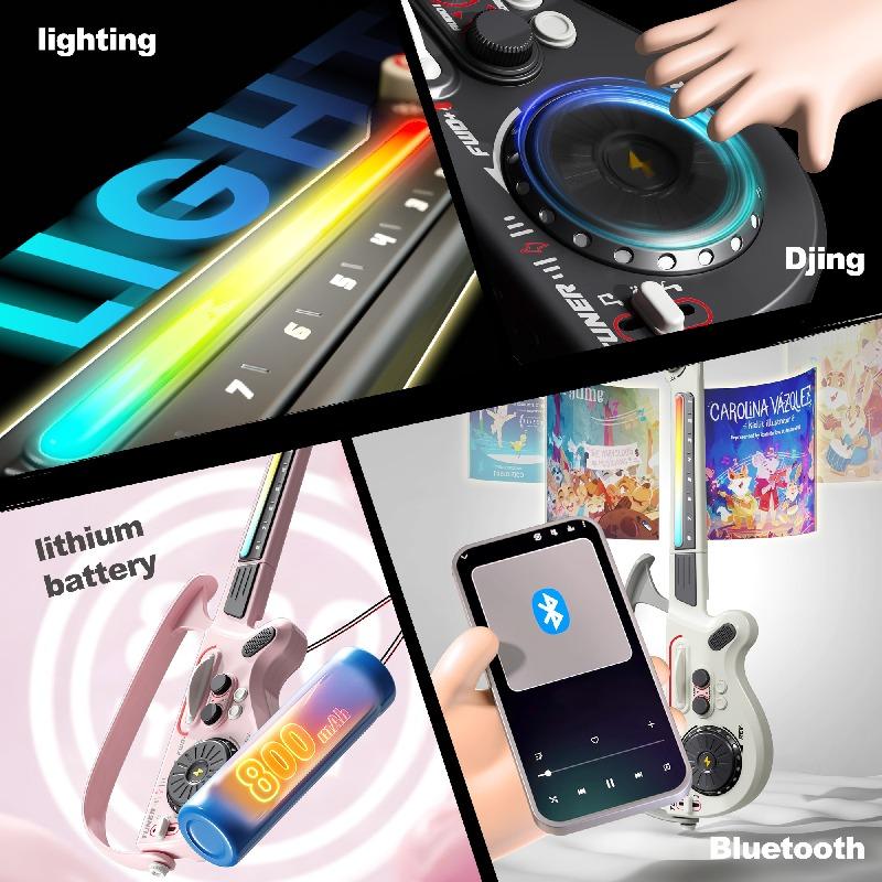 Stringless Electric Guitar Toy DJ Music Mixer with Bluetooth LED Lights Early Learning Musical Instrument Gift for Boys Girls