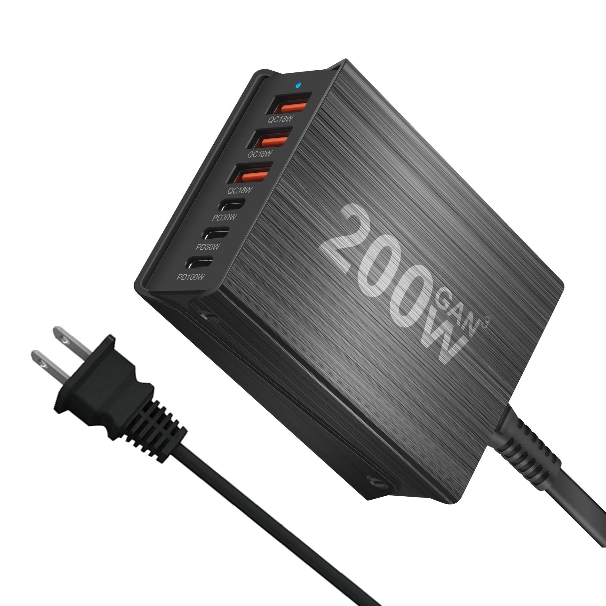 

200 Вт 6-портова GaN станція швидкої зарядки USB C зарядний пристрій Quick Charge QC PD 3.0 Type C швидкий зарядний пристрій для IPhone 16/15/14/13 Pro MacBook 3A3C EU Plug чорний