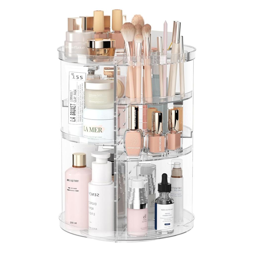 Rotating Makeup Organizer, Adjustable Layers Spinning Skincare Organizer, Cosmetic Display Case with Brush Holder Perfume Tray