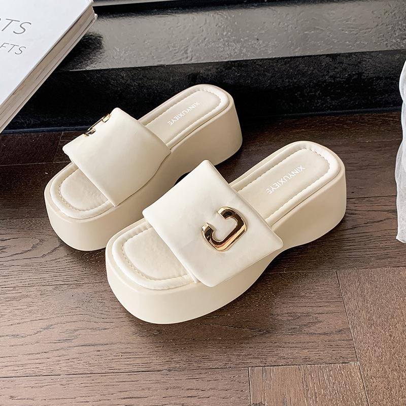 

Letter metal buckle one-word thick-soled leather slippers 2025 early spring summer 7 cm high muffin shoes women s shoes 39