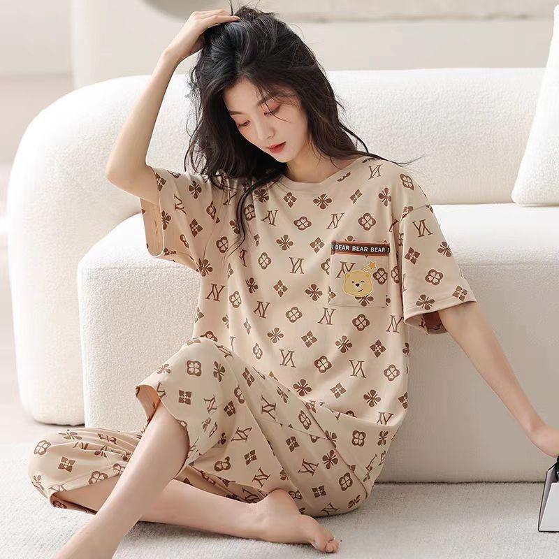 Pajamas Women's Summer, New Spring and Summer Short-sleeved Cute Loose Cropped Pants Loungewear Two-piece Set Summer