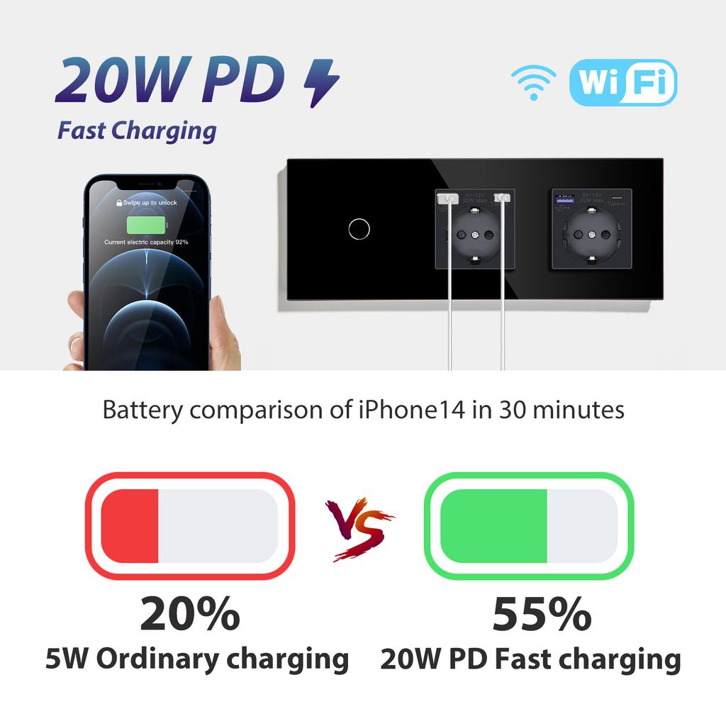 BSEED 1/2/3Gang Wifi Wall Touch Switches 2/3Way Smart Switch With 20W Type-C USB EU Socket Support Tuya Smart Life Google Alexa