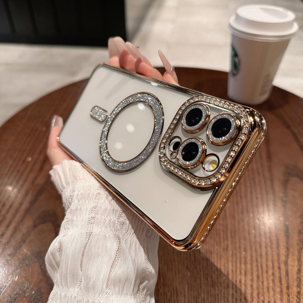 Electroplating edge drill glitter is suitable for Apple 16ProMax magnetic mobile phone case iphone15 anti-drop 14 protective case.