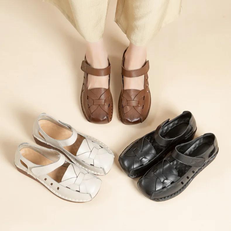 Johnature Retro Wedges Sandals Genuine Leather Breathable Shallow Soft Soled Women's Shoes