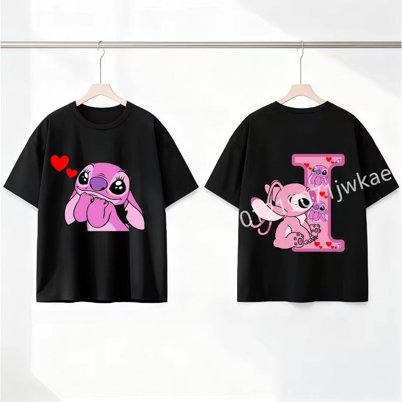 Stitch Angel Letter A-Z Cartoon Black Kids Pink T Shirt Summer Cute Boys and Girls Short-Sleeve Top Casual Breathable Clothing