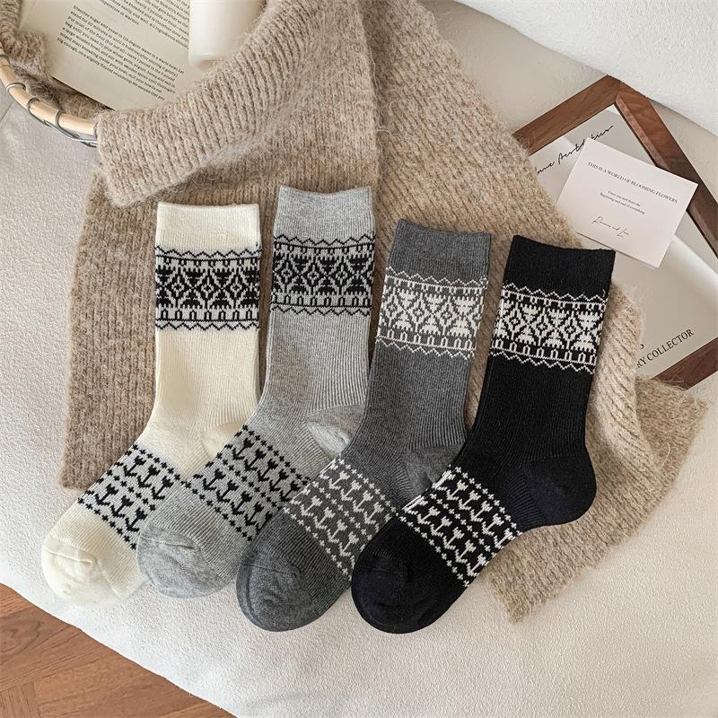 Female Autumn Retro Stitching Striped National Wind Drum Stack Socks