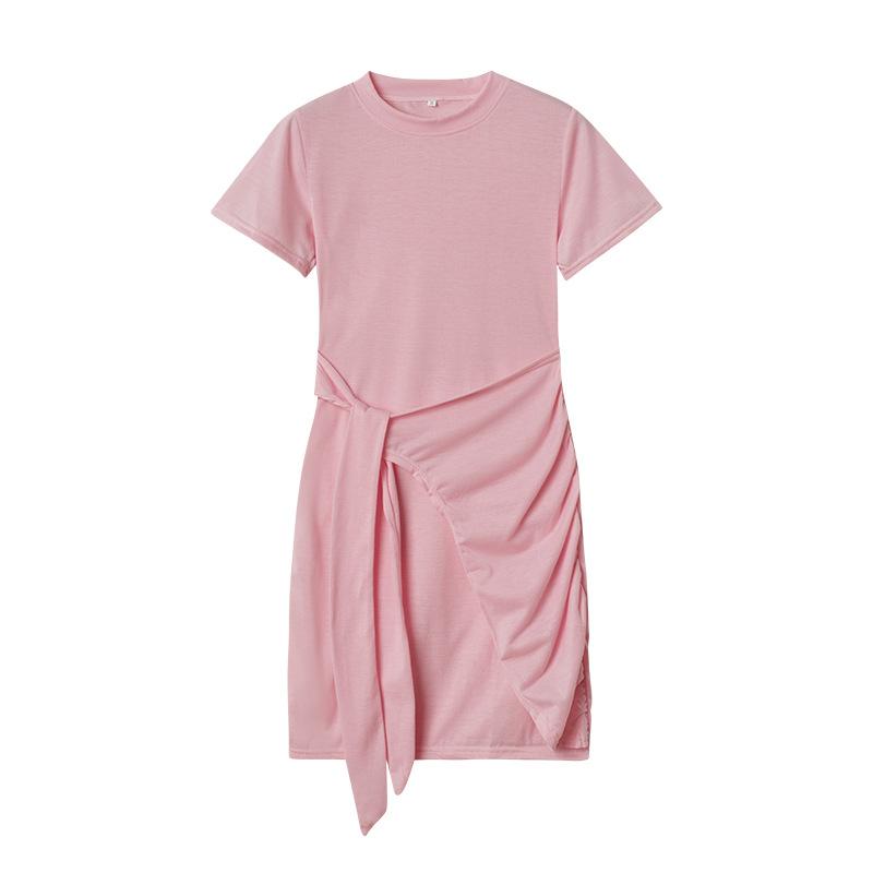 

IHUASU Летнее платье нестандартной формы с короткими рукавами и круглым вырезом, плиссированным поясом и бантом M розовый