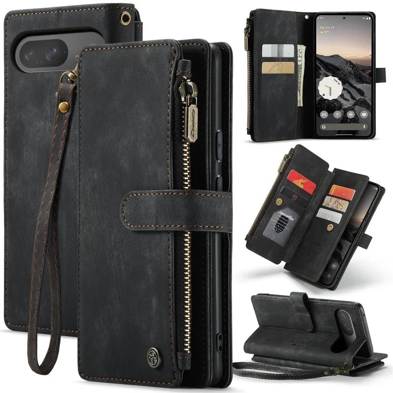 Zipper Leather Flip Phone Case for Google Pixel 10 9 Pro XL 9A 8 8A 7A 5G Pixel10 Pixel9A Wallet Lanyard Card Purse Cover Etui
