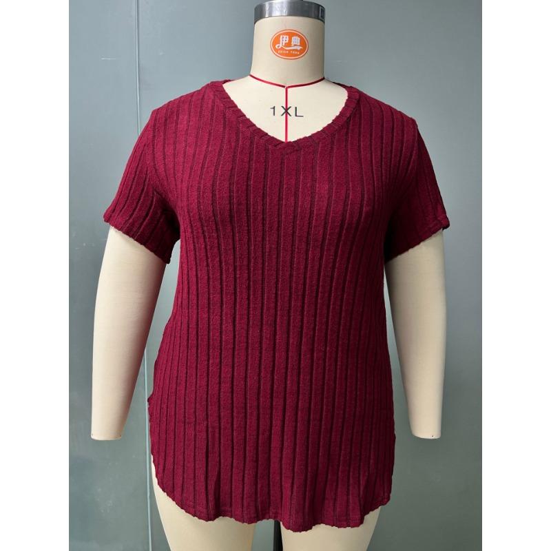Frühling und Sommer Reine Farbe Elegant Top V-Ausschnitt Rippstrick Pullover Kurzärmelig Übergröße Damen T-Shirts