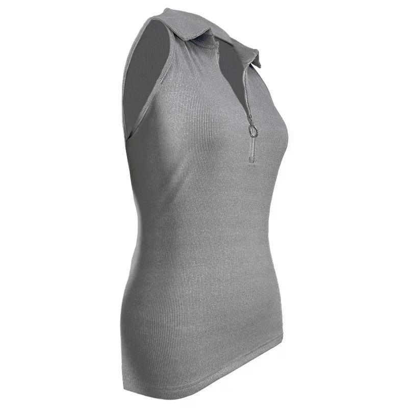 2024 Women's Fashion Casual Solid Color Ribbed Zip-Up Vest T-Shirt with Turn-Down Collar for Spring/Summer