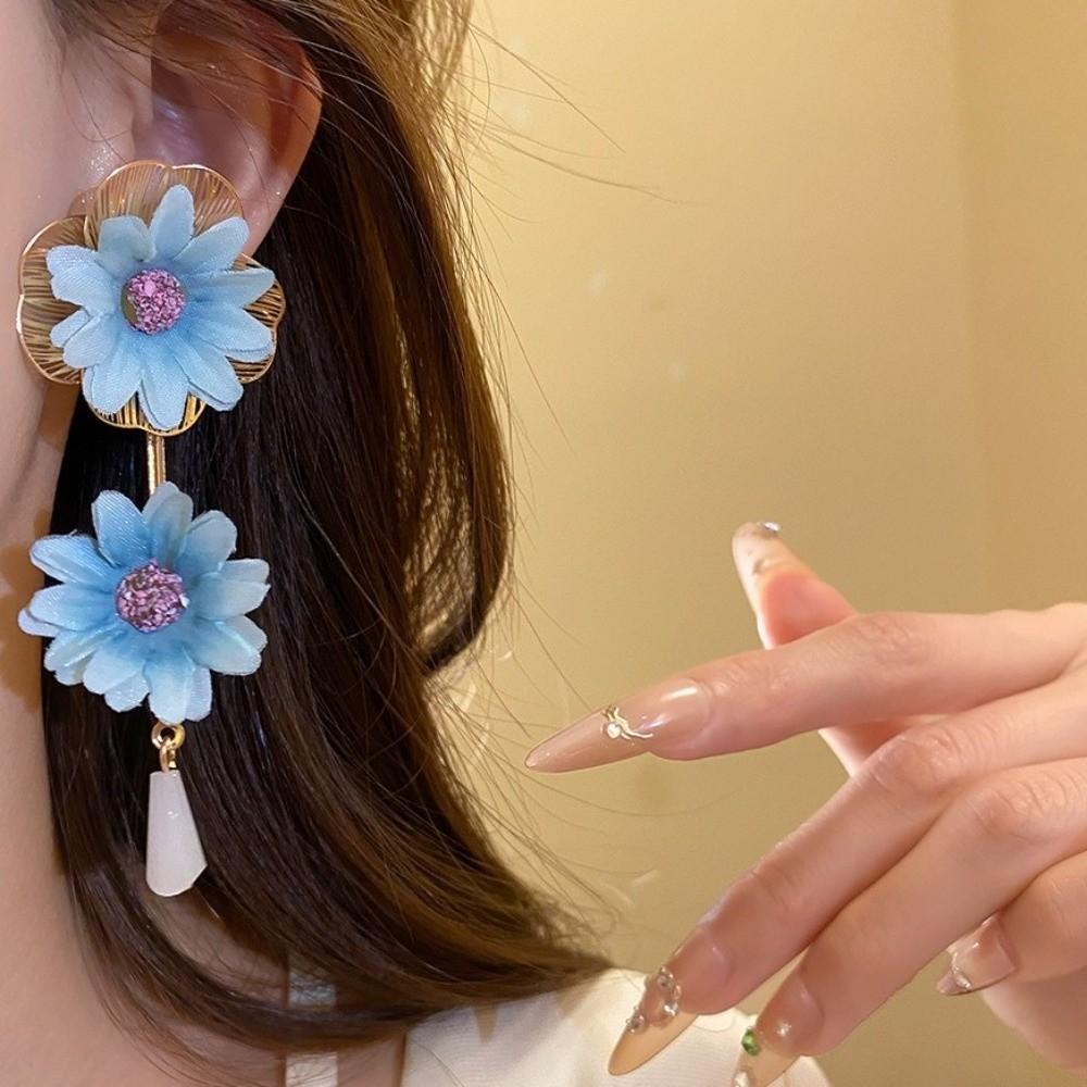 Sweet Fabric Flower Earrings Colorful Crystal Drop Earrings Floral Pendant Earrings Gift