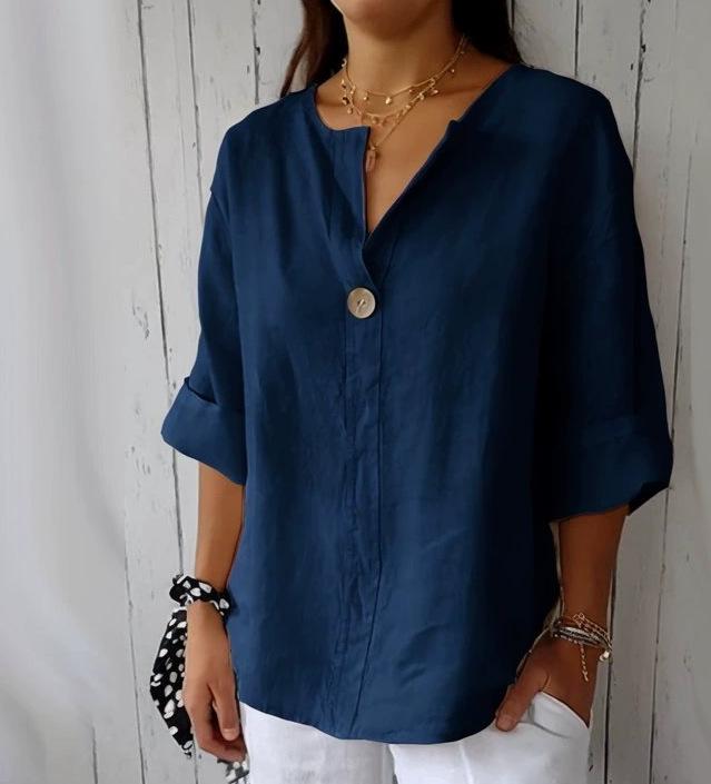 

European & American Summer 2026 Women s V-neck Cotton Linen Button-up Loose T-shirt Medium темно-синього кольору