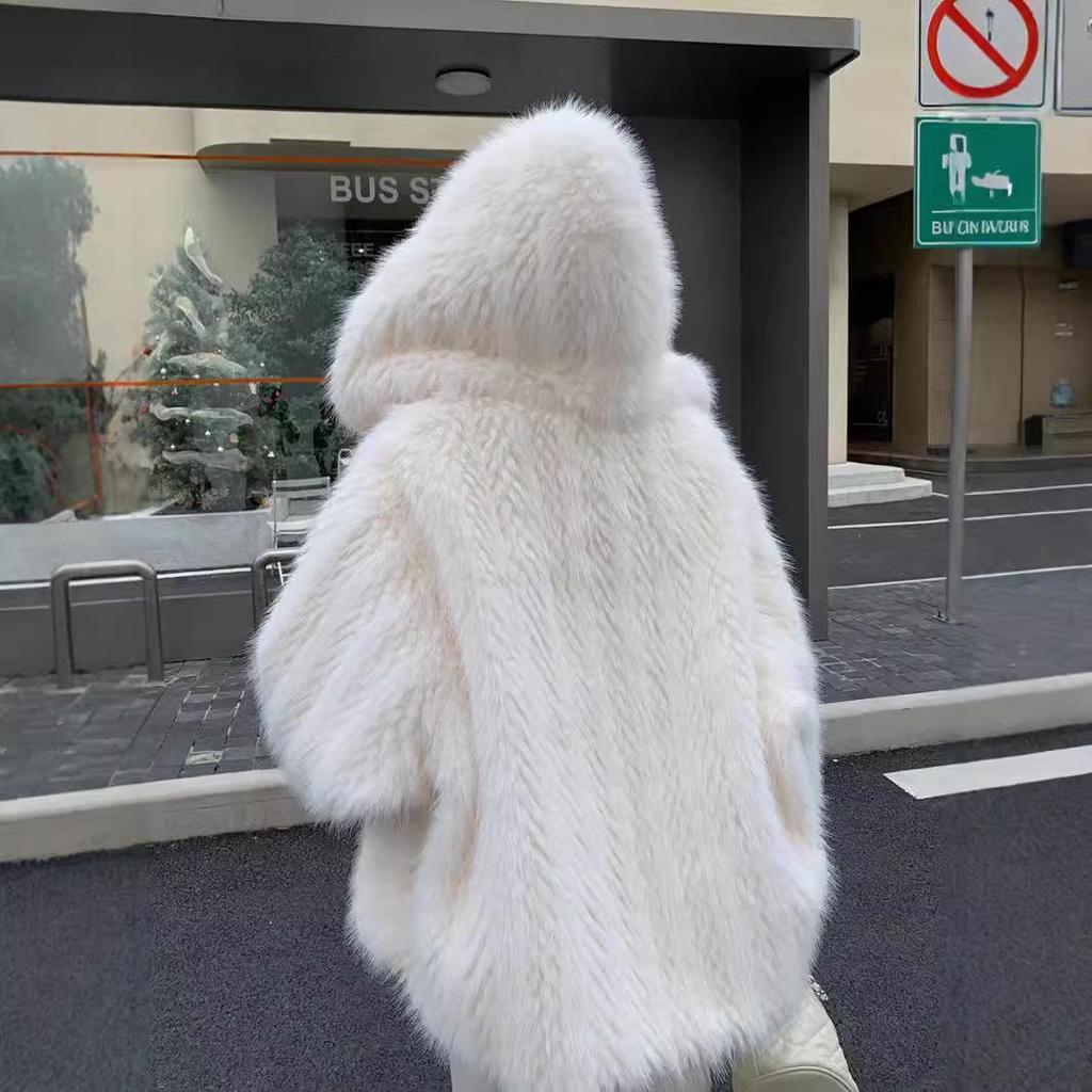European and American Winter Plush Hooded Coat for Women - Plus Size, Loose Fit, Fluffy Fur Design.