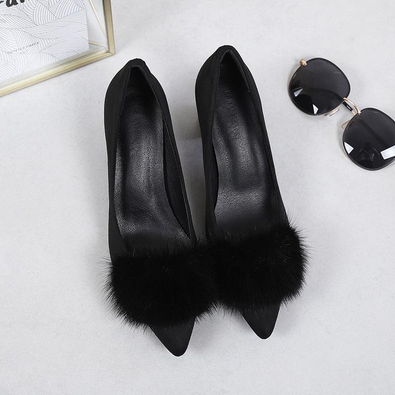 

Women s Chunky Heel Pointed Toe Black Mink Fur High Heels - 2025 Autumn/Winter Velvet-Enhanced Work Shoes 36