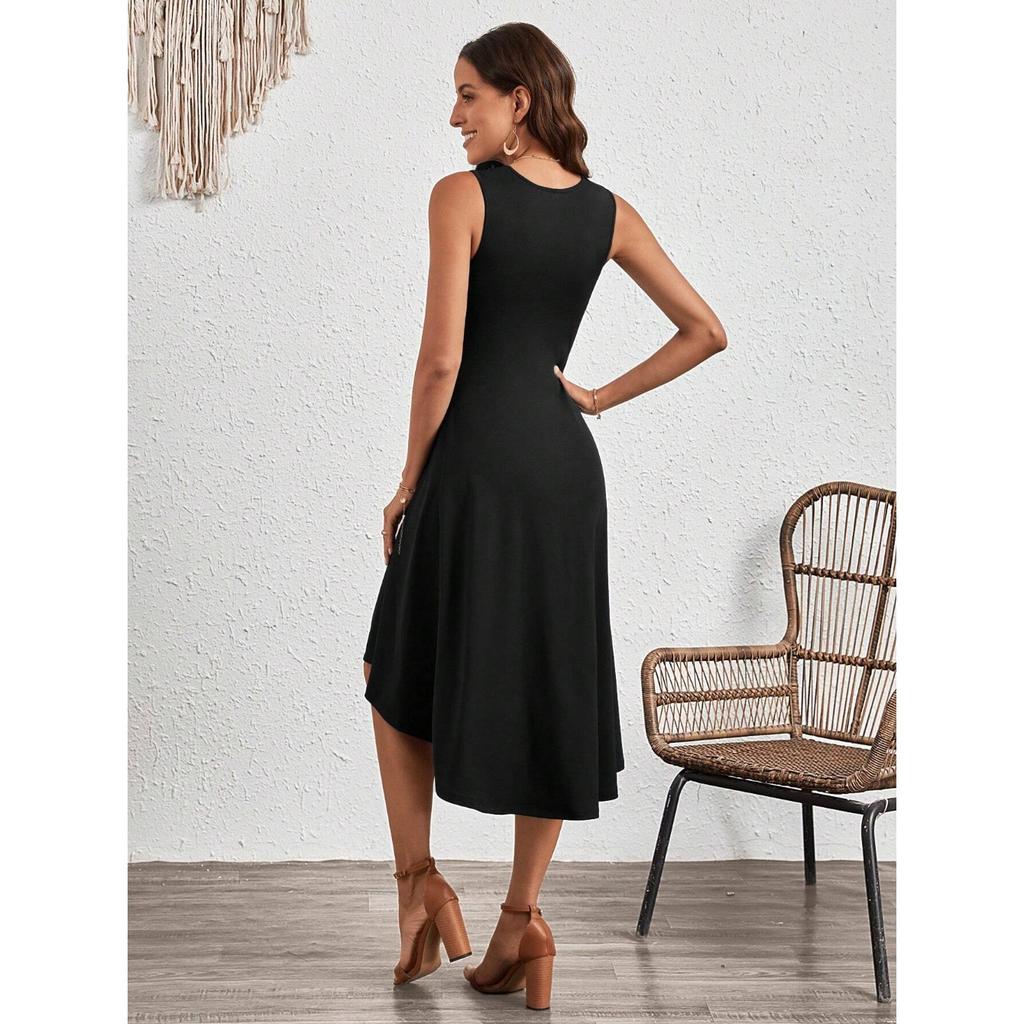 IHUASU Summer Women's Summer Fashion Sleeveless Solid Color A-line Crepe Mid-dress
